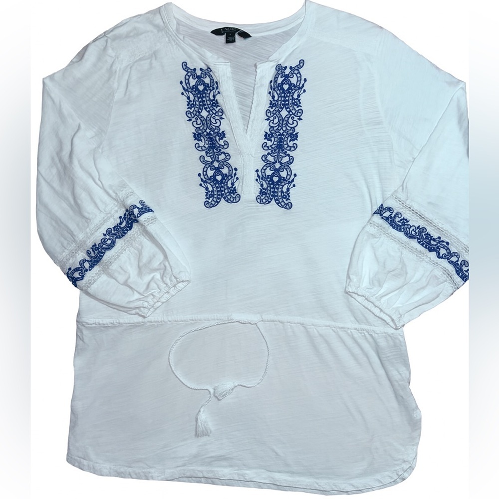 Lauren Ralph Lauren White & Blue Embroidered Peasant Tunic Top – Size L